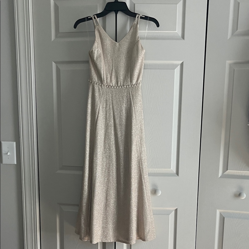 Girls' Shimmery Champagne Formal Dress with Beaded Waist